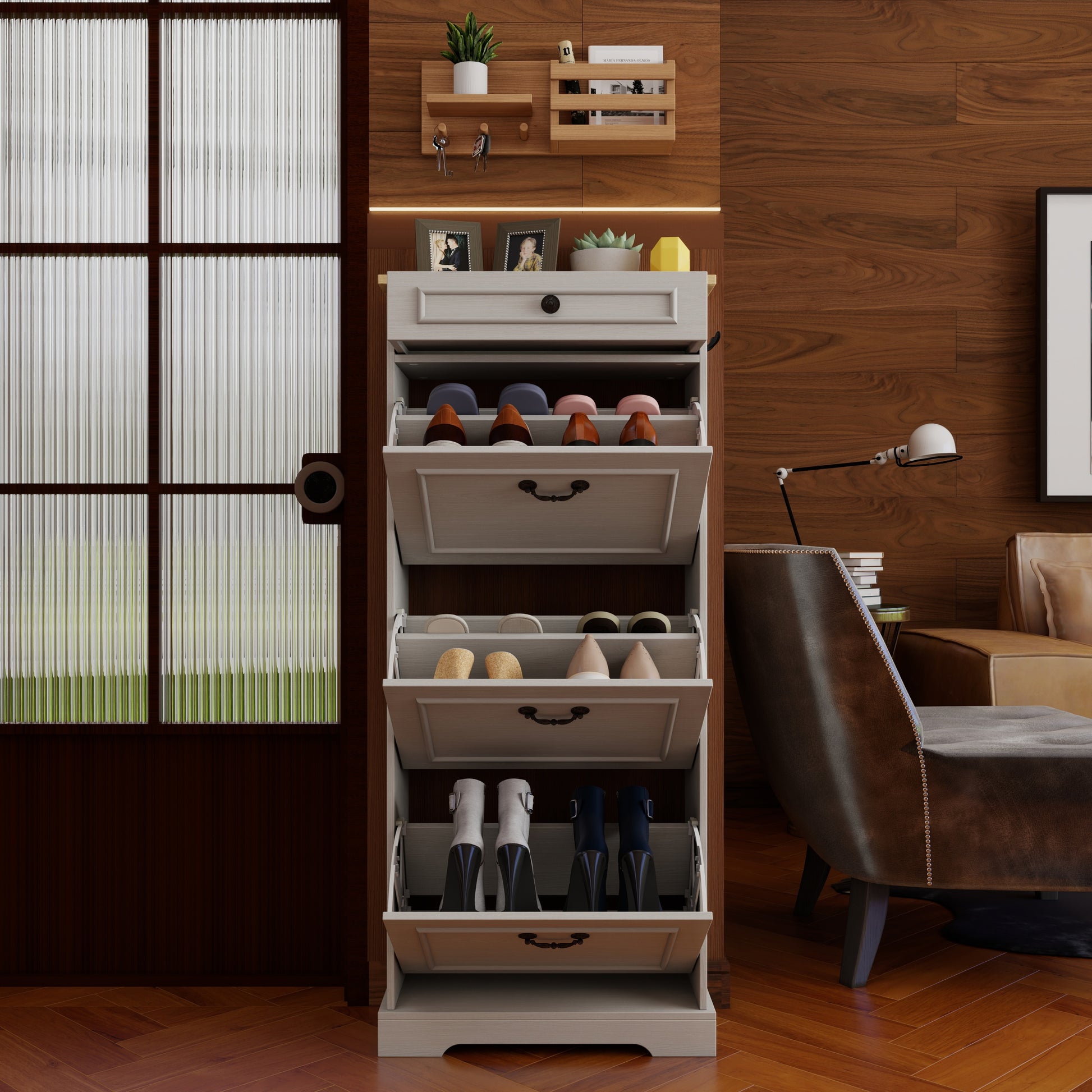 Shoe Storage Cabinet with 1 Drawer, 3 Flip Drawers, Freestanding Shoe Cabinet Organizer with Adjustable Shelf, Shoe Cabinet for Entryway, Foyer, Slim Shoe Cabinet-Antique White