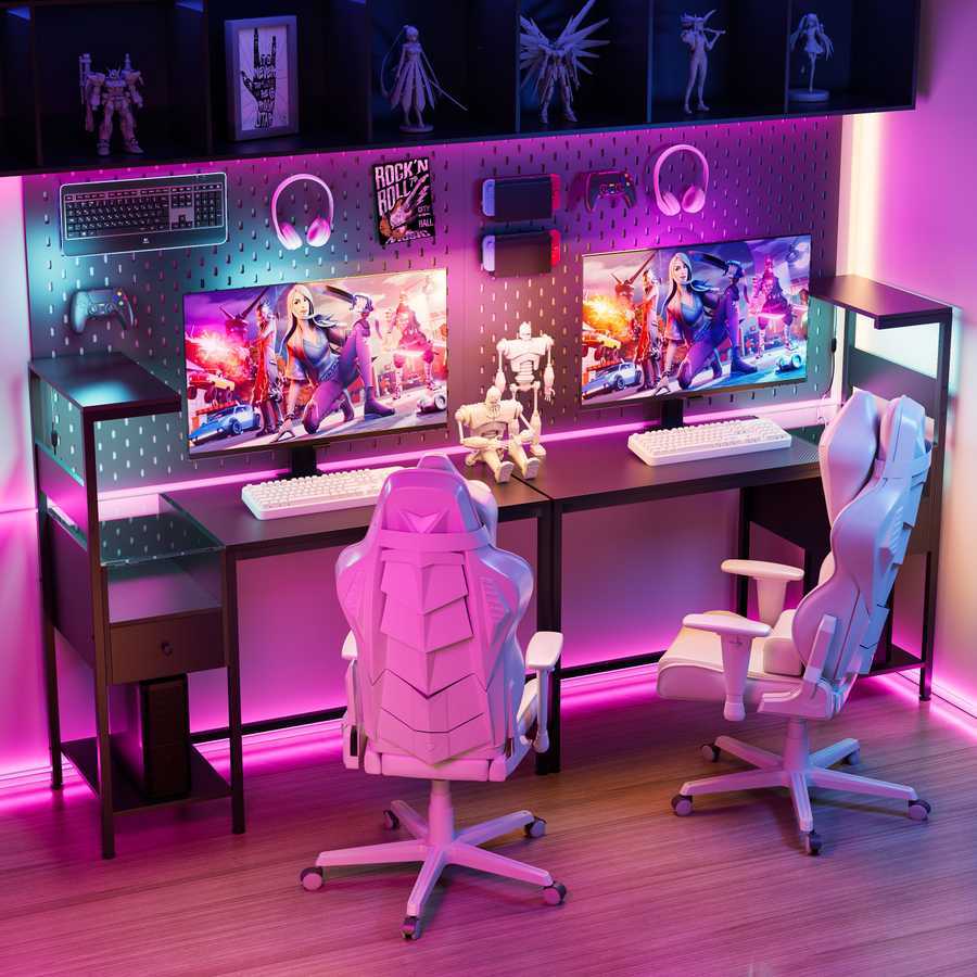 Dual gaming station with two black computer desks with power outlets and USB ports, reversible shelves, and RGB lighting.