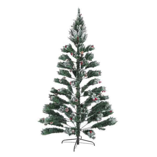 A flocked artificial Christmas tree with green and white snow-dusted needles, decorated with small red berries and pinecones, standing on a black metal stand against a plain white background.