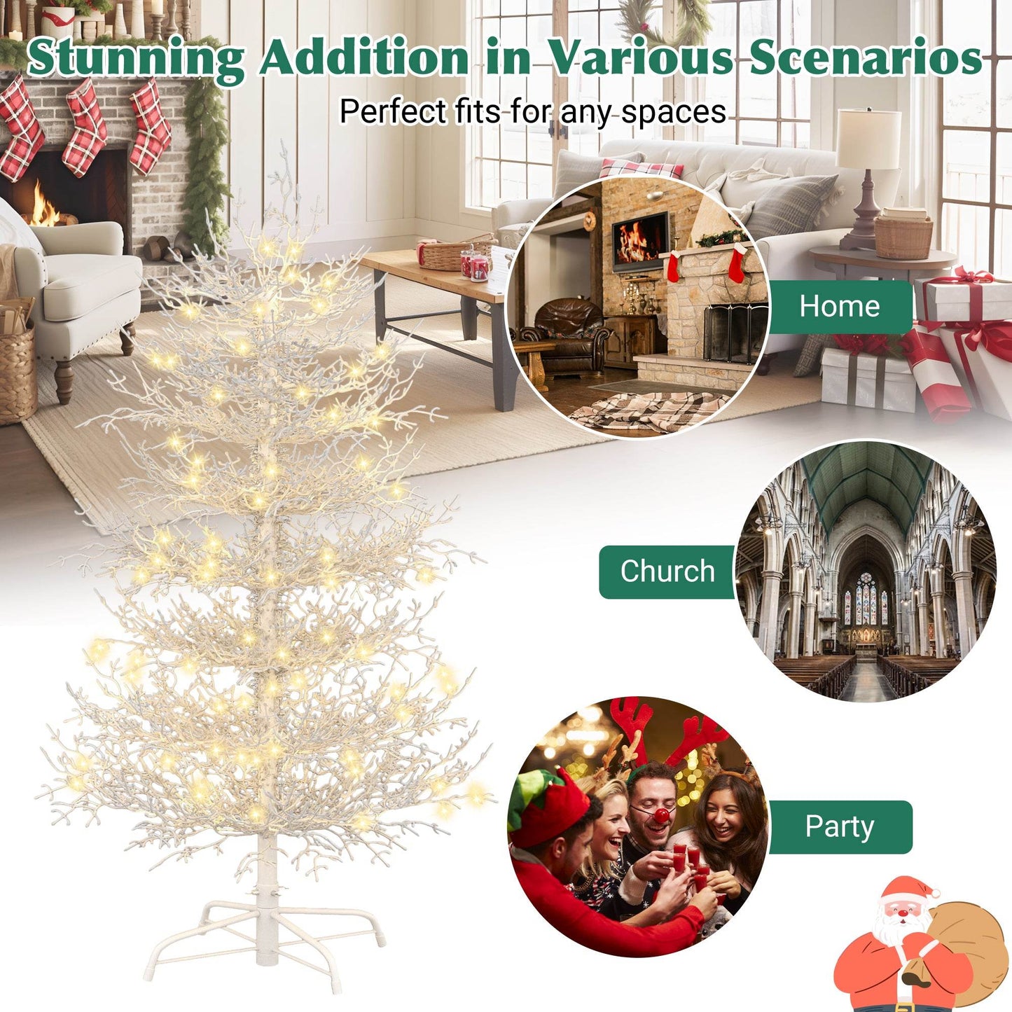 4FT Pre-lit Aspen Fir Artificial Christmas Tree, Hinged Xmas Tree 280 Snow Flocked Branch Tips, 230 Warm White LED Lights, Holiday Coral Christmas Tree for Home Party