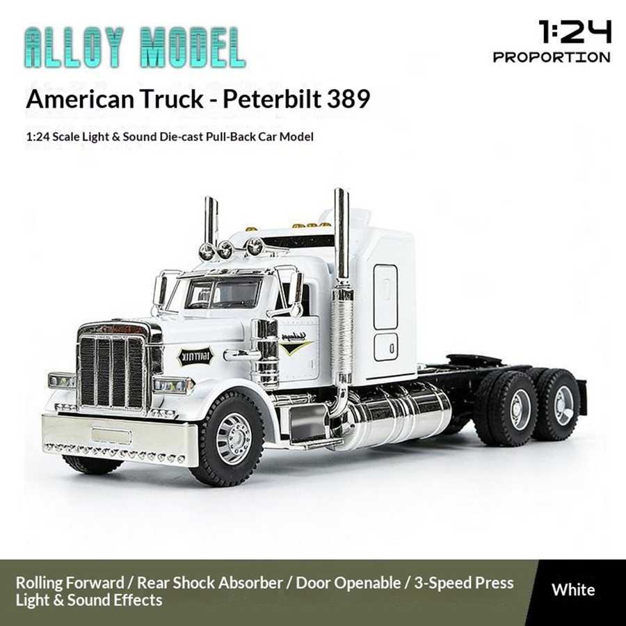 Model Peterbilt 389 truck with text indicating scale, features, and color on a white background