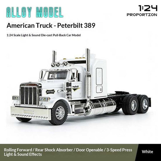 Model Peterbilt 389 truck with text indicating scale, features, and color on a white background