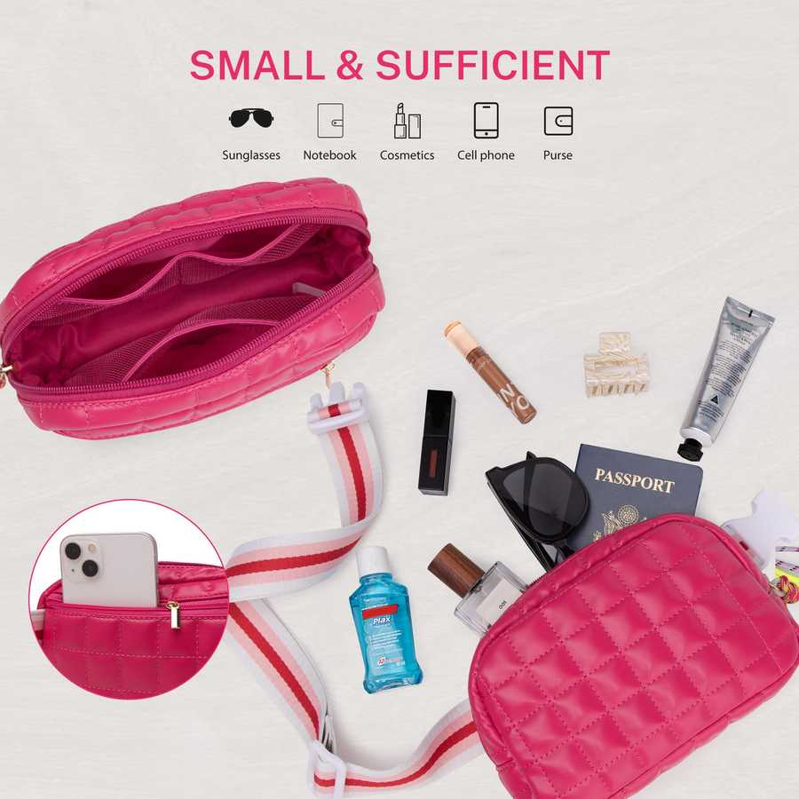 Pink travel pouch with its contents on a light gray background