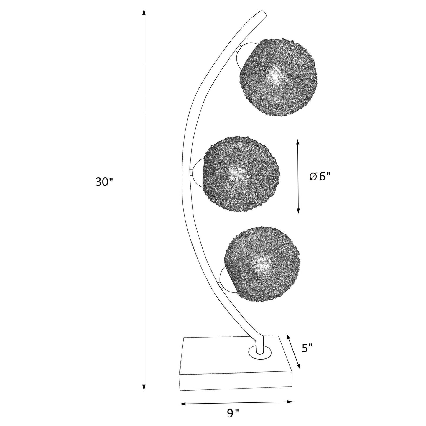 Technical diagram of McDougal Black 30-inch Woven Metal Table Lamp showing dimensions: 30 inches tall, 9-inch base, and 6-inch globe diameter