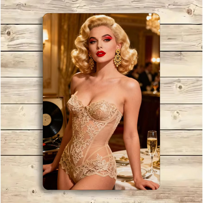 CIFbuy Wall Art Decor - Weatherproof Aluminum Art featuring a glamorous vintage-style woman in a lace bodysuit, ideal for elegant home decor.