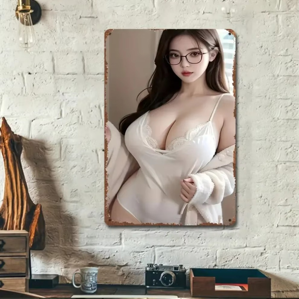 Aluminum wall art decor featuring a woman in white lingerie, mounted on a white brick wall in a home office setting. Durable and stylish for modern interiors.