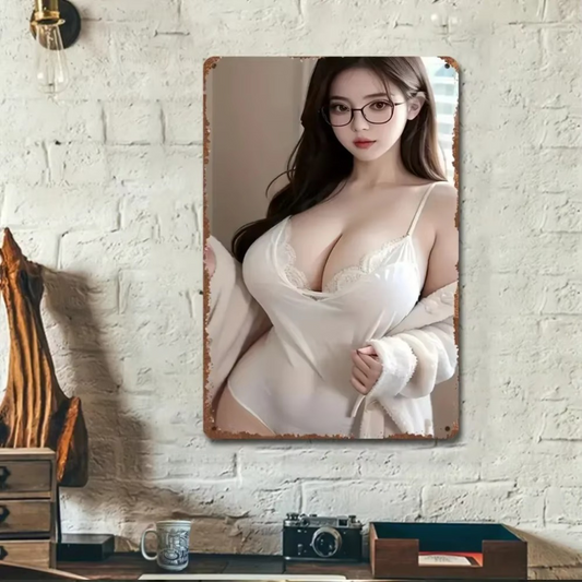 Aluminum wall art decor featuring a woman in white lingerie, mounted on a white brick wall in a home office setting. Durable and stylish for modern interiors.