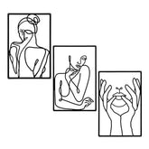 Flat layout of 3Pcs Abstract Metal Wall Art set with black line drawings of women and hands, ideal for contemporary home decor.