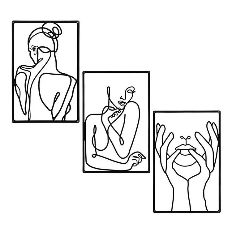 Flat layout of 3Pcs Abstract Metal Wall Art set with black line drawings of women and hands, ideal for contemporary home decor.