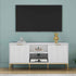 White modern TV stand with wave-design doors, gold accents, open shelves, and gold metal legs, ideal for living room decor.