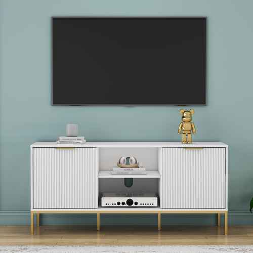 White modern TV stand with wave-design doors, gold accents, open shelves, and gold metal legs, ideal for living room decor.
