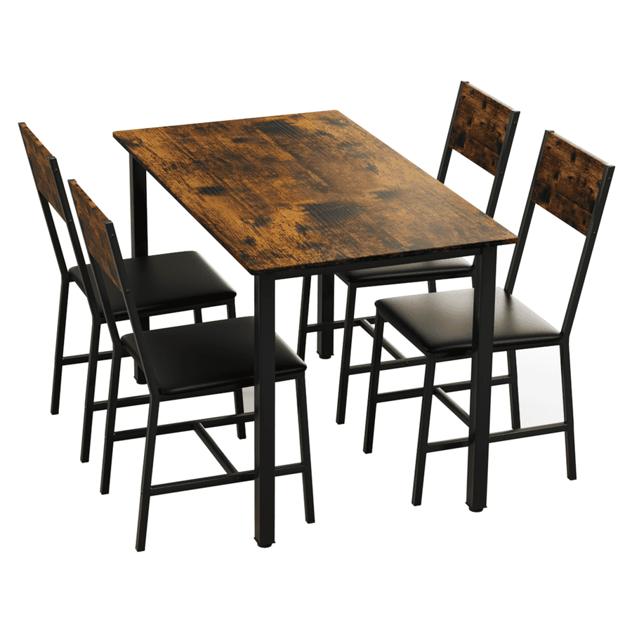 Side angle of 5 Piece Metal Wood Dining Table Set for 4 with distressed wood tabletop and black metal chair frames.