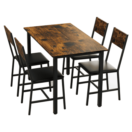 Side angle of 5 Piece Metal Wood Dining Table Set for 4 with distressed wood tabletop and black metal chair frames.