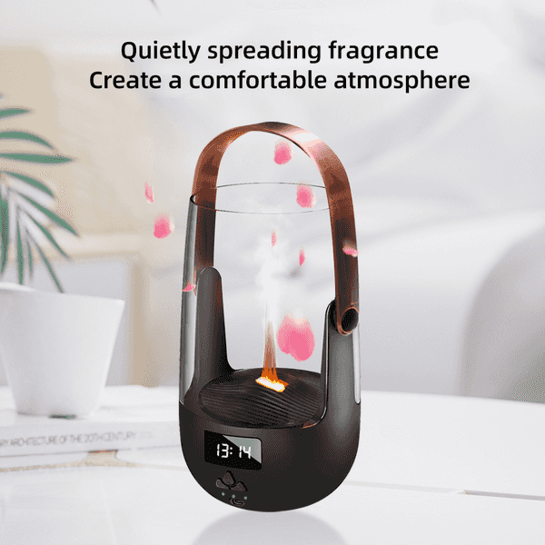 A modern black and copper fragrance diffuser with a digital display and misting function, shown on a white table with decorative text overlay and soft-focus background elements.