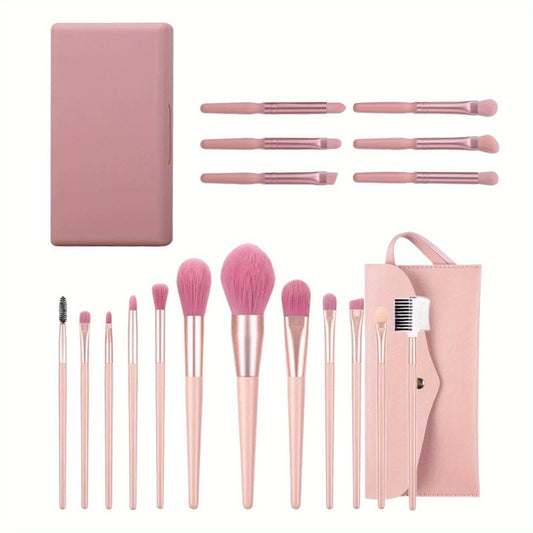 Beginner makeup brush set with mirror, eye tools, and pink storage case. Includes powder, eyeshadow, and foundation brushes for easy application.