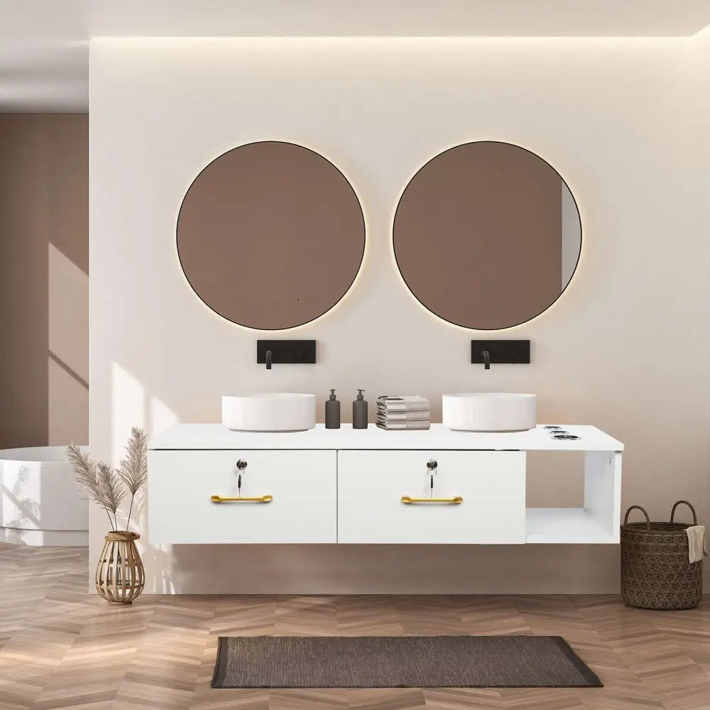 15cm E0 chipboard pitted surface, two drawers and three holes with lock, salon cabinet, white MLNshops]