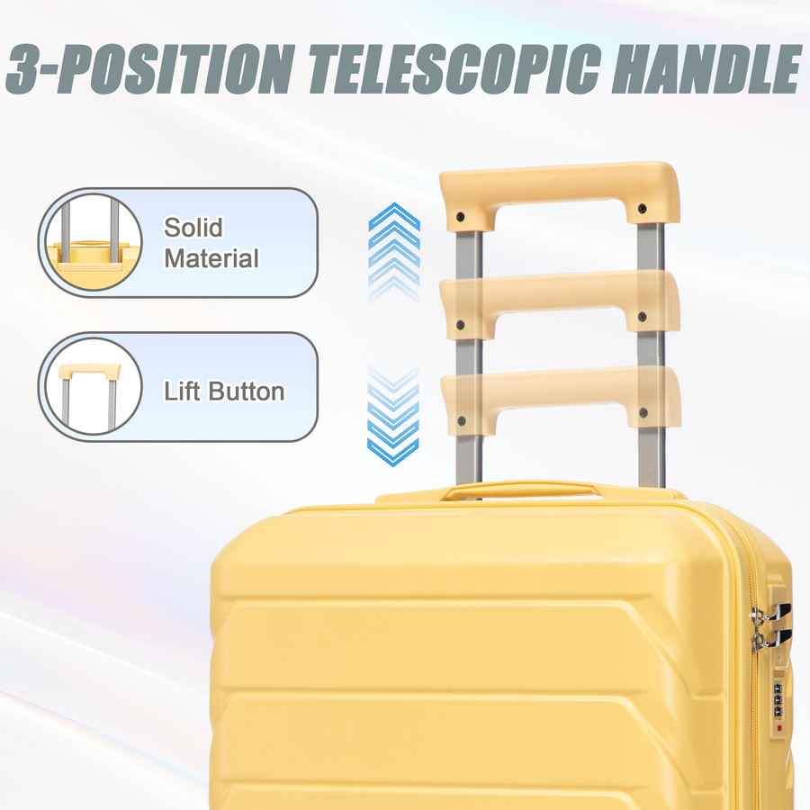 Close-up of yellow ABS spinner luggage set with combination lock, secure zippers, and 360-degree swivel wheels for smooth movement