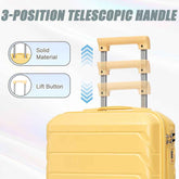 Close-up of yellow ABS spinner luggage set with combination lock, secure zippers, and 360-degree swivel wheels for smooth movement