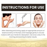 Instructions for using a skincare product with images of a woman washing her face and applying essence.
