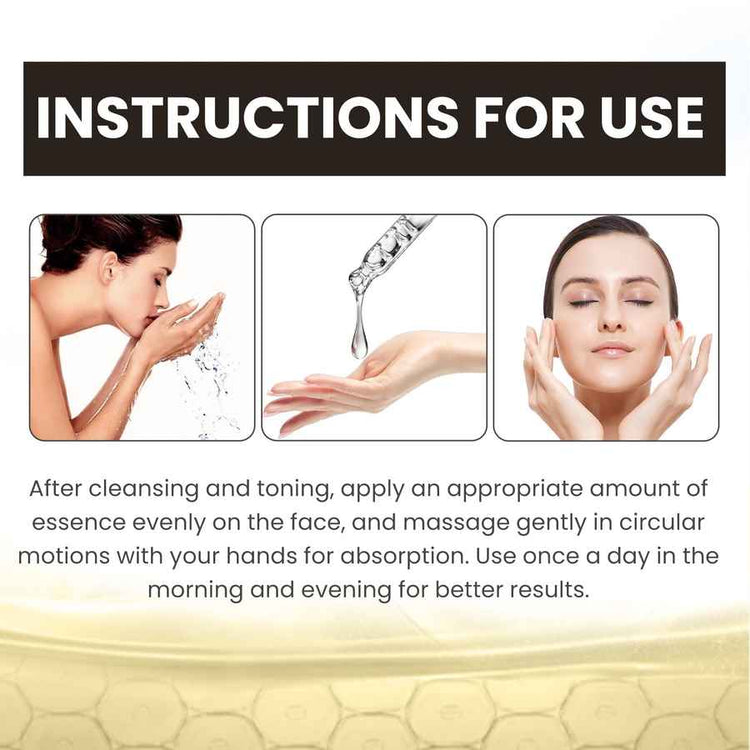 Instructions for using a skincare product with images of a woman washing her face and applying essence.