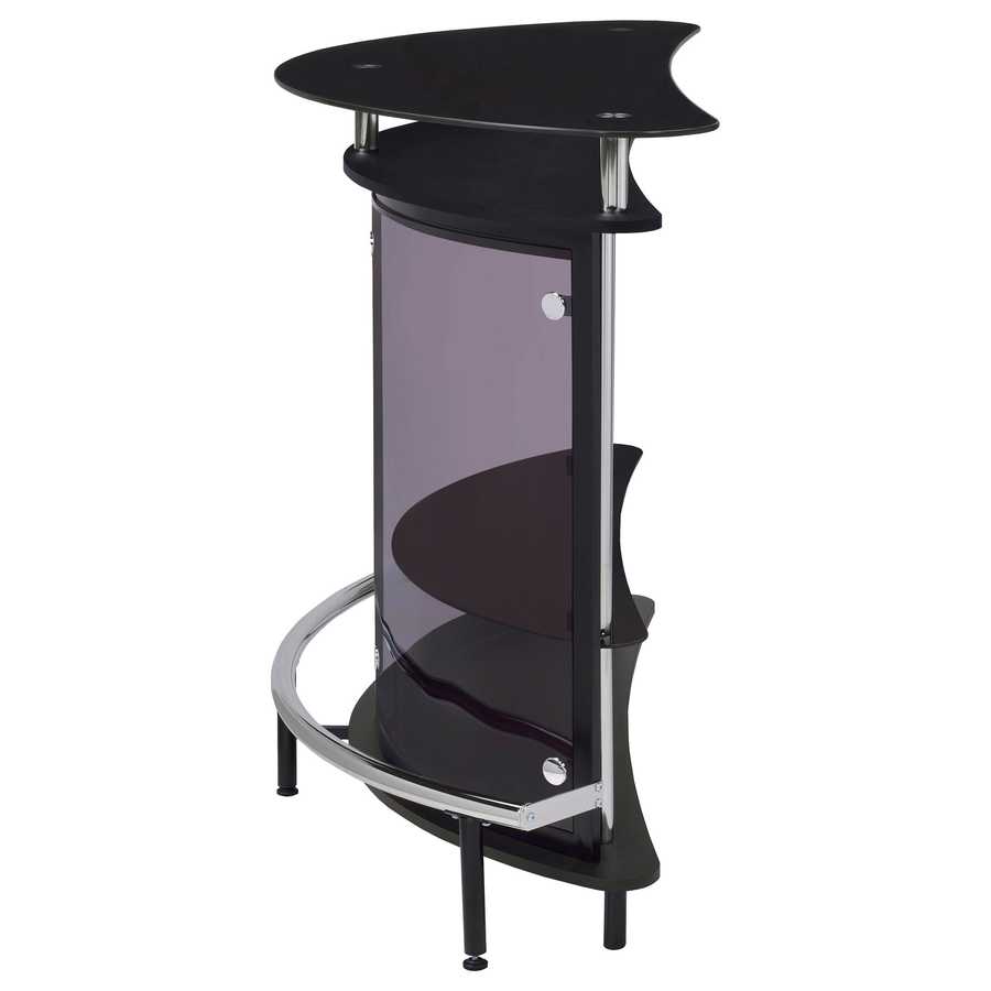Side angle of Strick & Bolton black glass top wine bar cabinet showing layered shelving and sleek curved design.