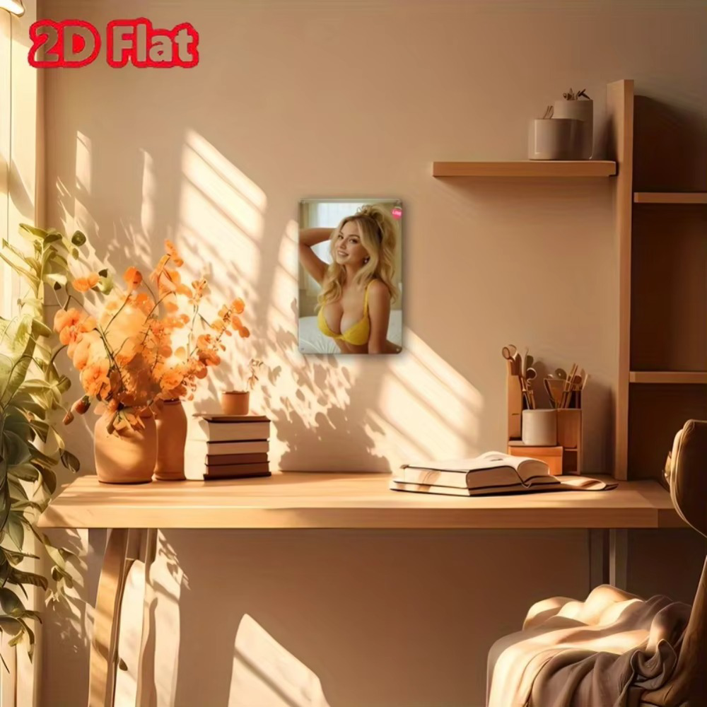 Sexy middle-aged woman aluminum wall art displayed in cozy home office, adding playful charm to modern decor.