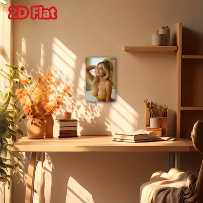 Sexy middle-aged woman aluminum wall art displayed in cozy home office, adding playful charm to modern decor.