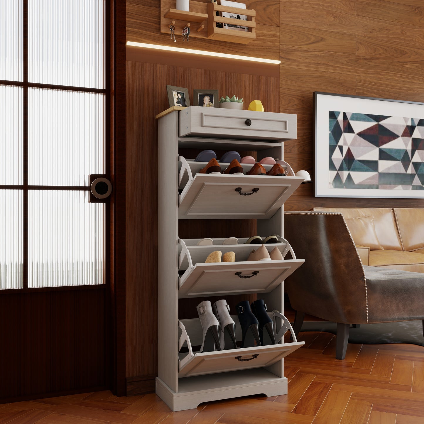 Shoe Storage Cabinet with 1 Drawer, 3 Flip Drawers, Freestanding Shoe Cabinet Organizer with Adjustable Shelf, Shoe Cabinet for Entryway, Foyer, Slim Shoe Cabinet-Antique White