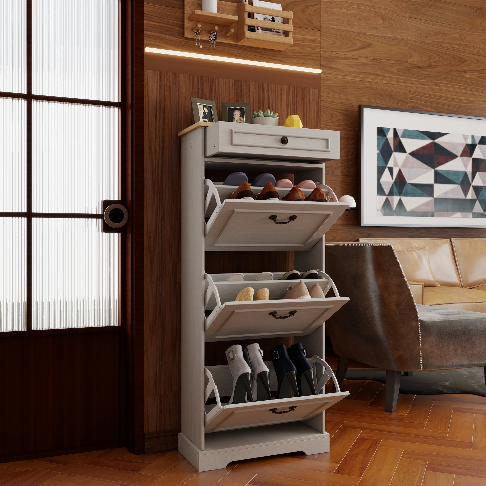 Shoe Storage Cabinet with 1 Drawer, 3 Flip Drawers, Freestanding Shoe Cabinet Organizer with Adjustable Shelf, Shoe Cabinet for Entryway, Foyer, Slim Shoe Cabinet-Antique White