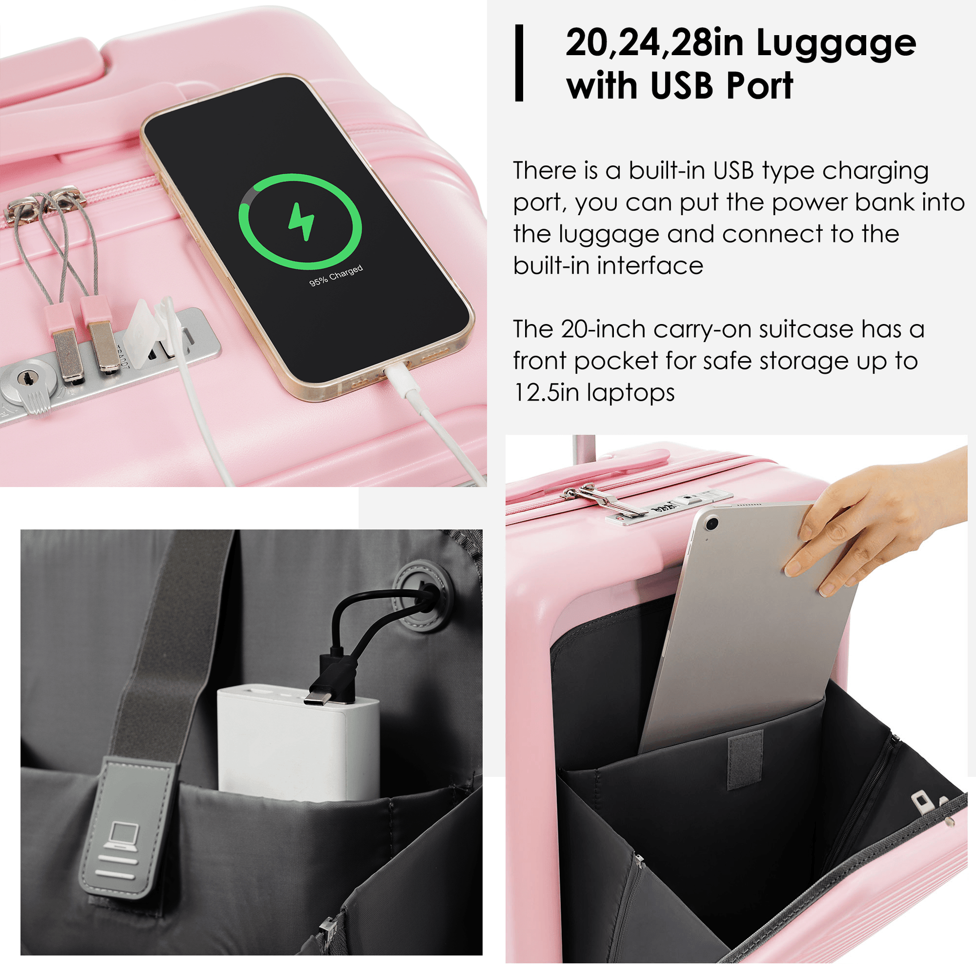 4-Piece Luggage Set with USB Charging Ports - 20in Carry-On (Front-Opening for Laptop) 28in Checked Suitcase with TSA Lock Travel Duffel Bag Wet-Dry Toiletry Bag, pink