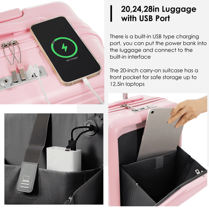 4-Piece Luggage Set with USB Charging Ports - 20in Carry-On (Front-Opening for Laptop) 28in Checked Suitcase with TSA Lock Travel Duffel Bag Wet-Dry Toiletry Bag, pink