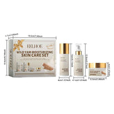 EELHOE Wild Yam Moisturizing Skin Care Set shown with its outer box and three individual skincare items: a lotion bottle, a toner bottle, and a face powder jar, with dimension labels around the set.