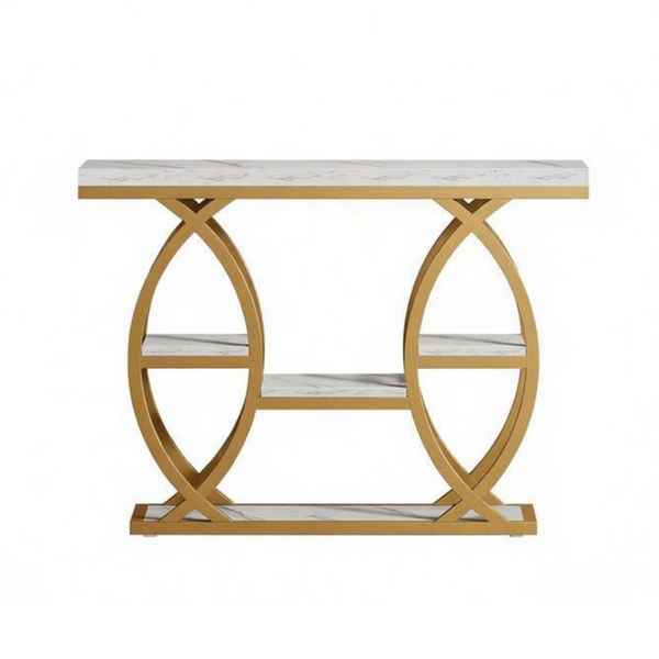A modern console table featuring a white marble-patterned top and shelves, supported by a gold-finished metal frame with interlocking circular arches.