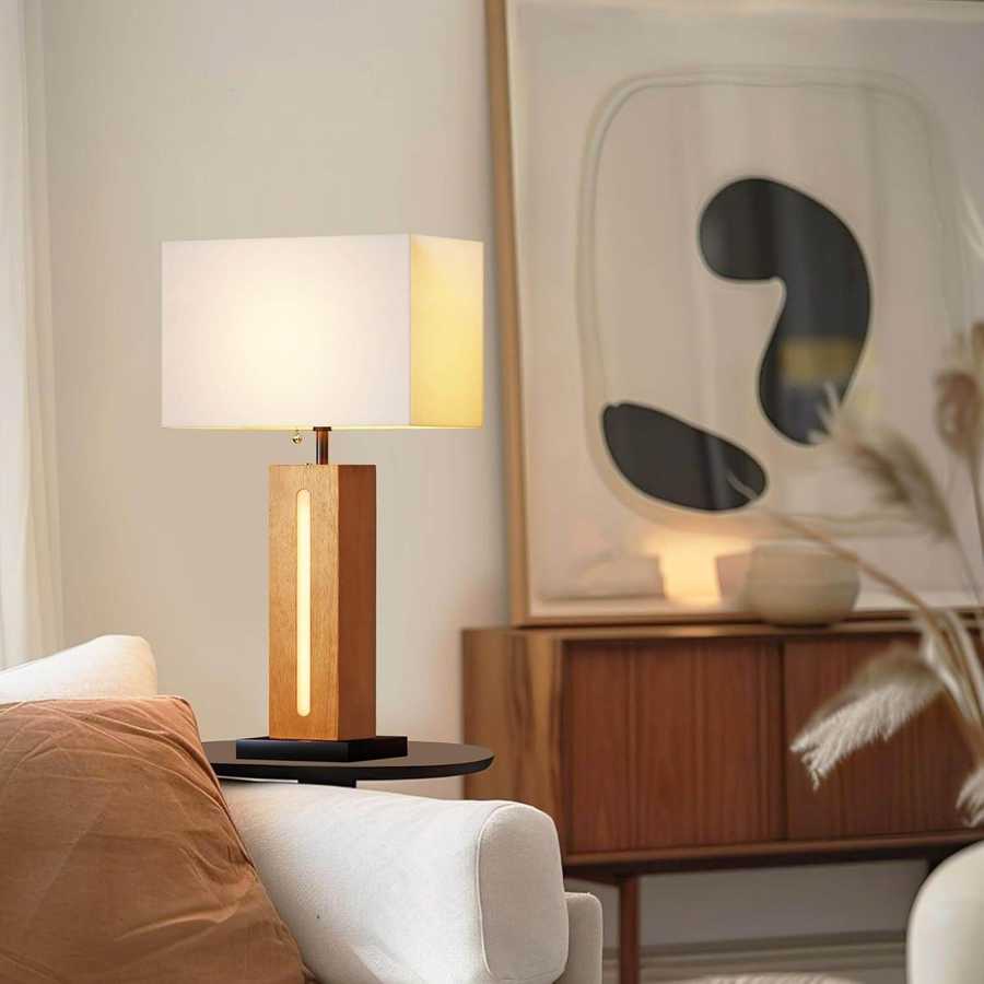 Table Lamps Set Of 2, Modern Dimmable Bedside Lamp With LED Nightlight, Rustic Farmhouse Square Wood Grain Nightstand Lamps With Linen Shades For Living Room Bedroom End Table