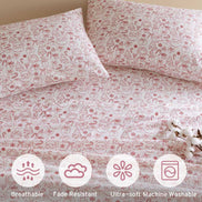 Holiday Doodles - Twin XL Cotton Flannel Sheet Set close-up showing breathable, fade-resistant, ultra-soft, and machine washable features with festive prints.