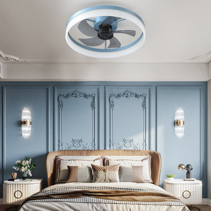 a bedroom with blue walls and a ceiling fan