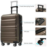 Side view of metallic 24-inch hardshell suitcase with telescoping handle, combination lock, soft grip handle, and spinner wheels.