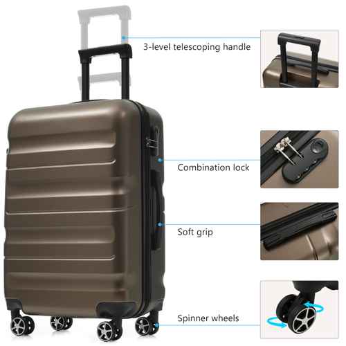 Side view of metallic 24-inch hardshell suitcase with telescoping handle, combination lock, soft grip handle, and spinner wheels.