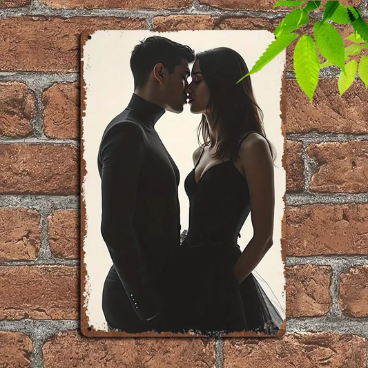 Vintage Couple Kiss Wall Art in black dress design mounted on brick wall. Durable aluminum canvas ideal for romantic home decor.