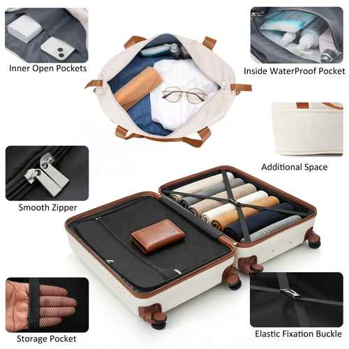 A collage showing a beige and brown soft-sided suitcase with multiple feature callouts: open top view with folded clothes inside, close-ups of interior pockets and zipper, and labeled insets for inner open pockets, inside waterproof pocket, additional space, smooth zipper, storage pocket, and elastic fixation buckle. The brand name ZiRunda appears on one inset.