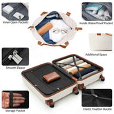 A collage showing a beige and brown soft-sided suitcase with multiple feature callouts: open top view with folded clothes inside, close-ups of interior pockets and zipper, and labeled insets for inner open pockets, inside waterproof pocket, additional space, smooth zipper, storage pocket, and elastic fixation buckle. The brand name ZiRunda appears on one inset.