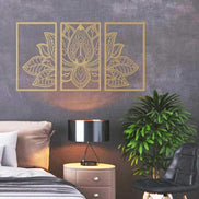 Iron Mandala Lotus Wall Art above a bedside table in a modern room with dark walls, enhancing Zen ambiance with gold lotus design.