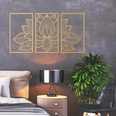 Iron Mandala Lotus Wall Art above a bedside table in a modern room with dark walls, enhancing Zen ambiance with gold lotus design.