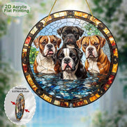 Boxer Dog Wall Art with five boxer dogs in a stained glass style, printed on 2D acrylic and ideal for home and garden wall decor.