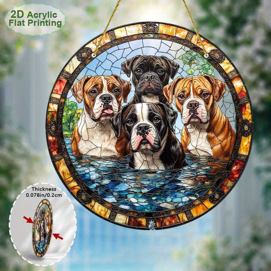 Boxer Dog Wall Art with five boxer dogs in a stained glass style, printed on 2D acrylic and ideal for home and garden wall decor.
