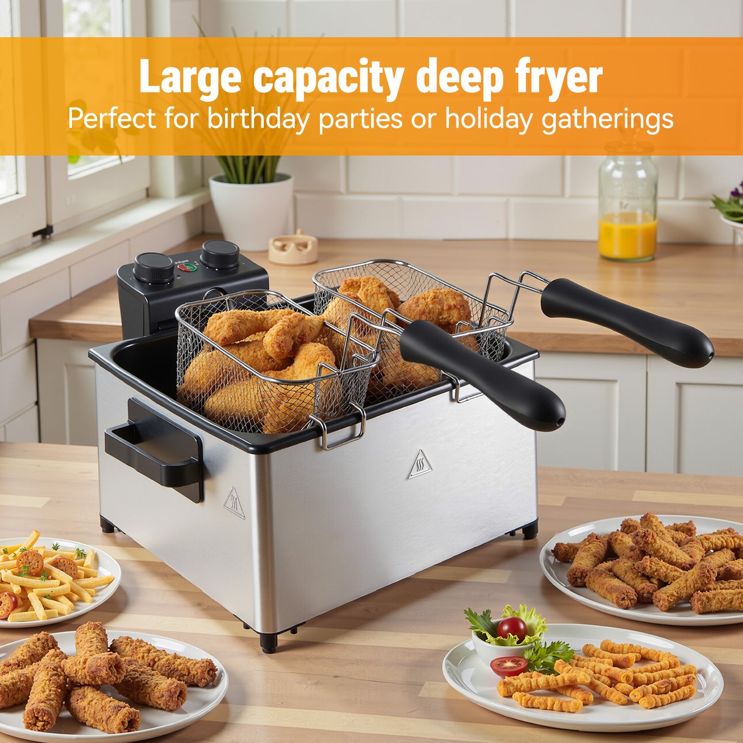 5L Deep Fryer with Basket, 1700W Electric Deep Fryer with Time & Temperature Control for Home Use, 3 Frying Baskets, Lid with View Window and Odor Free Filter, Stainless Steel, Dishwasher Safe