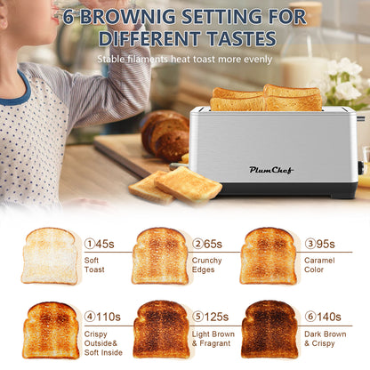 4-Slice Toaster Stainless Steel showing 6 browning settings from soft toast to dark brown, ideal for customized breakfast preferences.