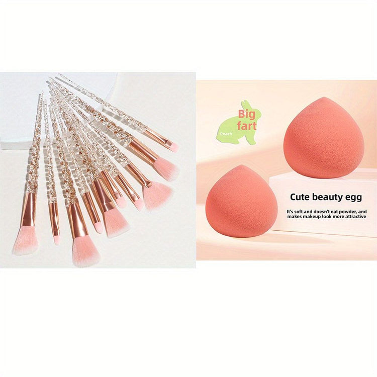 Pink Crystal Makeup Set includes 10 glitter-handled brushes and 2 peach beauty blenders for flawless, no-waste cosmetic application.