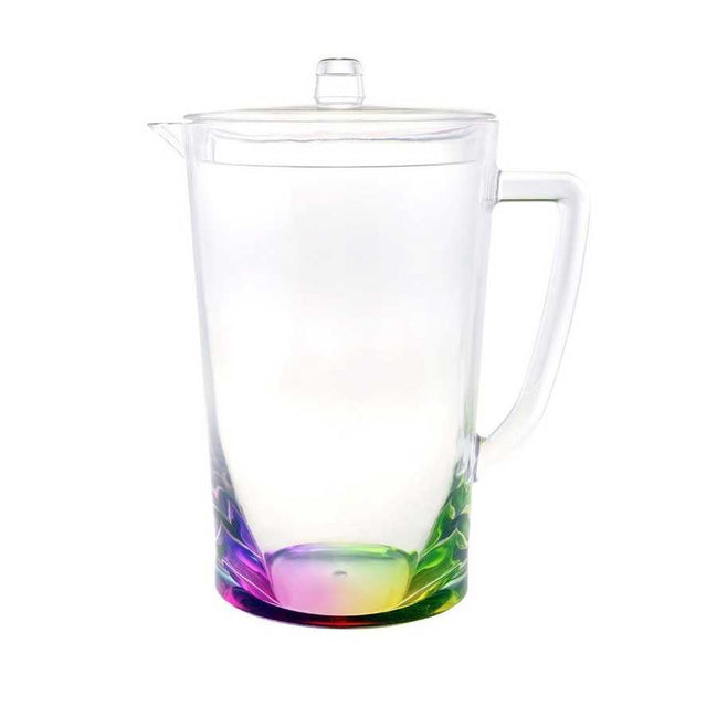 2.75 Quarts BPA Free Drink Pitcher with Lid featuring a clear body and rainbow-colored base, ideal for serving cold beverages at home or parties.