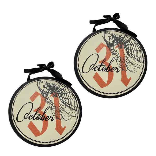 Set of two Halloween circle signs with black ribbons, October 31 date, spider web design, ideal for festive seasonal home decor